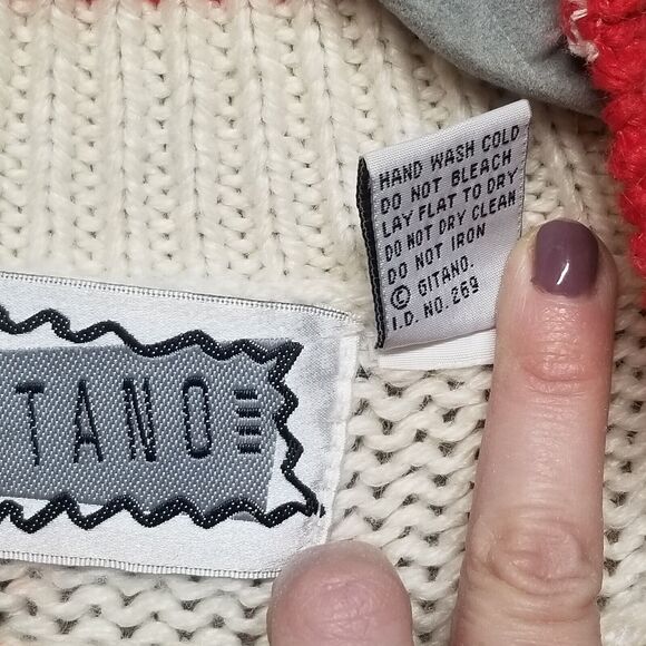 Vntg Gitano Wmns Sz S Oversized Sweater Ivory White Red Snowflake Fair Isle Flaw - Picture 3 of 14